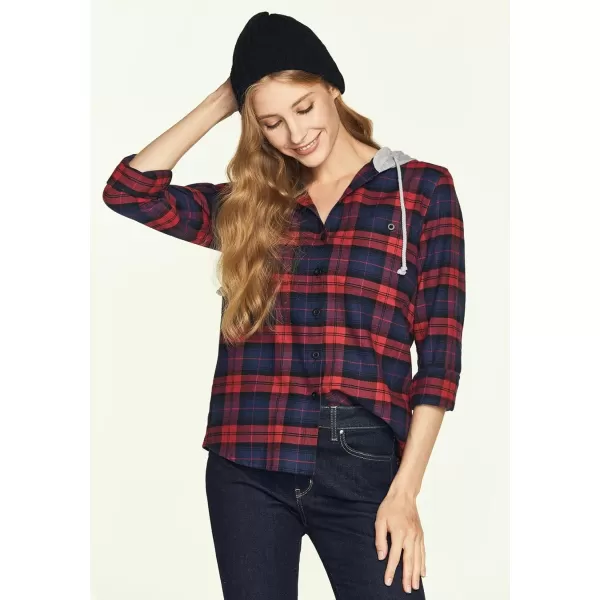 CQR Womens Hooded Plaid Flannel Shirt Long Sleeve AllCotton Soft Brushed Casual Button Down ShirtsPlaid Flannel Hoodie Red Tartan Plaid