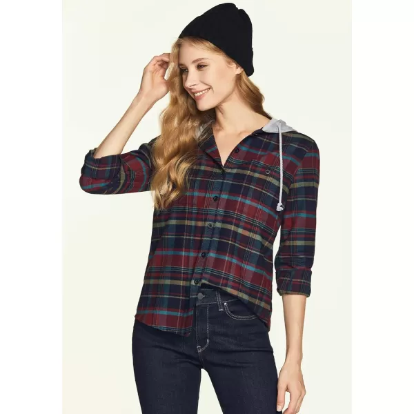 CQR Womens Hooded Plaid Flannel Shirt Long Sleeve AllCotton Soft Brushed Casual Button Down ShirtsPlaid Flannel Hoodie Very Berry