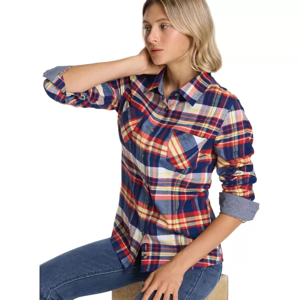 CQR Womens Plaid Flannel Shirt Long Sleeve AllCotton Soft Brushed Casual Button Down ShirtsFlannel Plaid Shirts Navy Yellow Orange