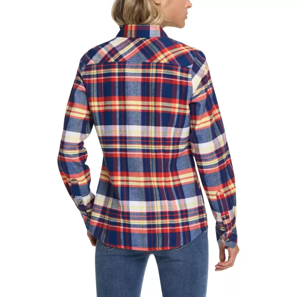 CQR Womens Plaid Flannel Shirt Long Sleeve AllCotton Soft Brushed Casual Button Down ShirtsFlannel Plaid Shirts Navy Yellow Orange