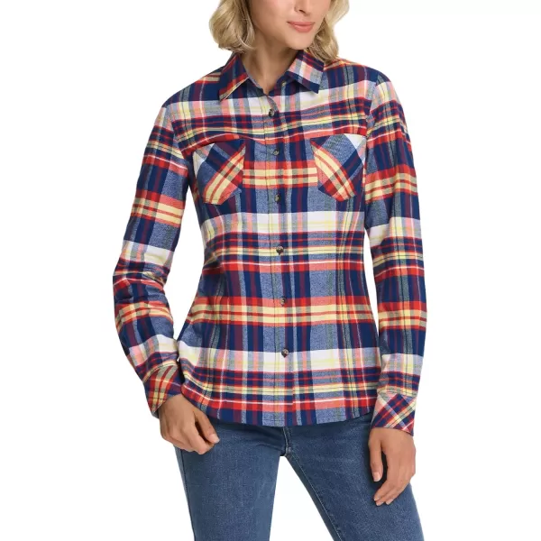 CQR Womens Plaid Flannel Shirt Long Sleeve AllCotton Soft Brushed Casual Button Down ShirtsFlannel Plaid Shirts Navy Yellow Orange