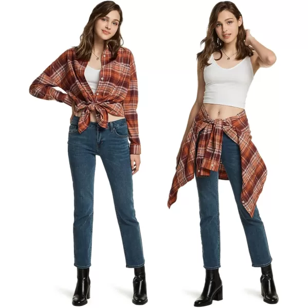 CQR Womens Plaid Flannel Shirt Long Sleeve AllCotton Soft Brushed Casual Button Down ShirtsLoose Fit Copper Orange