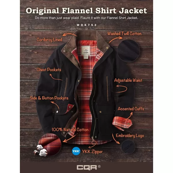 CQR Womens Twill All Cotton Flannel Shirt Jacket Soft Long Sleeve Shirts Corduroy Lined Outdoor Shirt JacketsTwill Field Jacket Black Orange