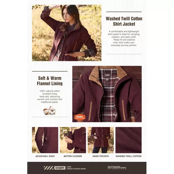 CQR Womens Twill All Cotton Flannel Shirt Jacket Soft Long Sleeve Shirts Corduroy Lined Outdoor Shirt JacketsTwill Field Jacket Wine