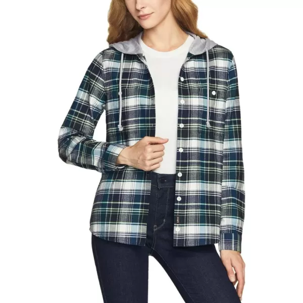 CQR Womens Hooded Plaid Flannel Shirt Long Sleeve AllCotton Soft Brushed Casual Button Down ShirtsPlaid Flannel Hoodie Pacific Blue