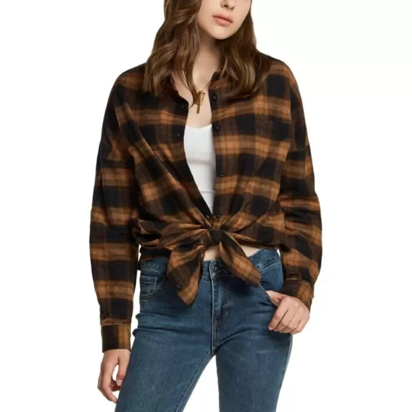 CQR Womens Plaid Flannel Shirt Long Sleeve AllCotton Soft Brushed Casual Button Down ShirtsLoose Fit Brown Mood