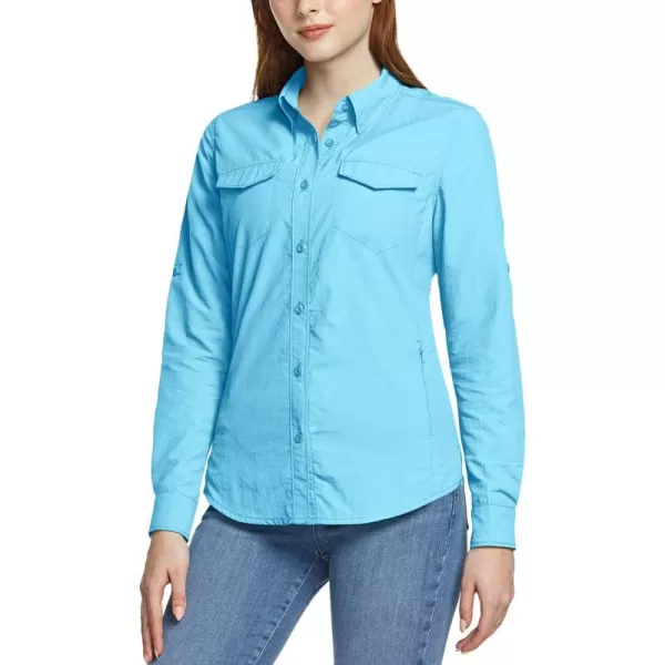 CQR Womens UPF 50 Long Sleeve Hiking Shirts Quick Dry Outdoor UVSun Protection Button Down ShirtsDry Fit Fishing Shirts Skyblue