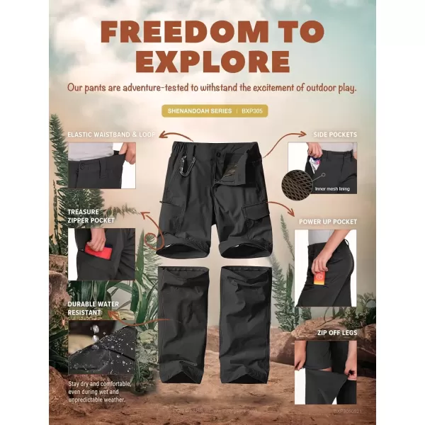 imageCQR Kids Youth Hiking Cargo Pants UPF 50 Quick Dry Convertible Zip Off Pants Outdoor Camping PantsShenandoah Zip Pocket Black