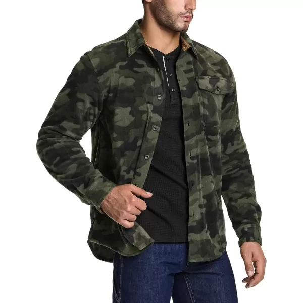 imageCQR Mens Long Sleeve Heavyweight Fleece Shirts Plaid Button Up Shirt Warm Outdoor Casual Shirt with PocketsOne Pocket Woodland Camo Olive