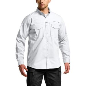 imageCQR Mens Long Sleeve Tactical Shirts Ripstop Military Work Shirts UPF 50 Breathable Button Down Outdoor Hiking ShirtOfficer Work Shirts Off White