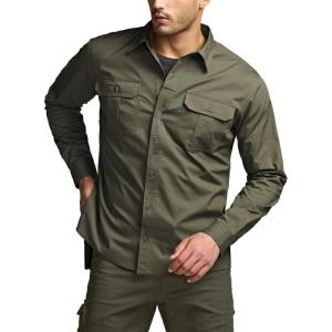 imageCQR Mens Long Sleeve Tactical Shirts Ripstop Military Work Shirts UPF 50 Breathable Button Down Outdoor Hiking ShirtSupervisor Soil Green