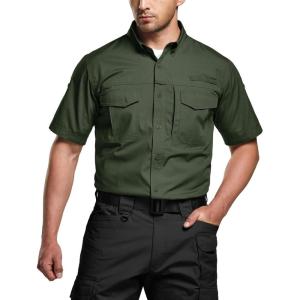 imageCQR Mens Short Sleeve Tactical Shirts UPF 50 Ripstop Military Work Shirts Breathable Button Down Outdoor Hiking ShirtButton Down Shirts Olive