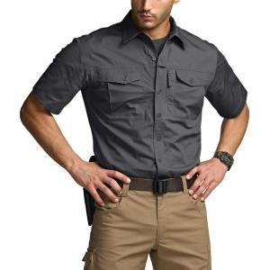 imageCQR Mens Short Sleeve Tactical Shirts UPF 50 Ripstop Military Work Shirts Breathable Button Down Outdoor Hiking ShirtJourneyman Charcoal