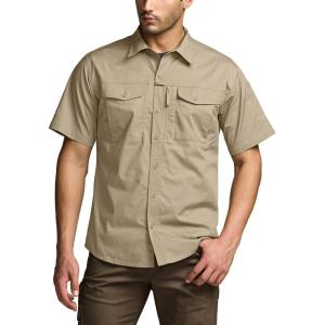 imageCQR Mens Short Sleeve Tactical Shirts UPF 50 Ripstop Military Work Shirts Breathable Button Down Outdoor Hiking ShirtJourneyman Khaki