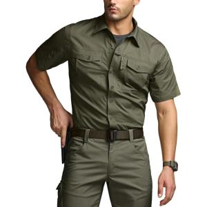 imageCQR Mens Short Sleeve Tactical Shirts UPF 50 Ripstop Military Work Shirts Breathable Button Down Outdoor Hiking ShirtJourneyman Soil Green