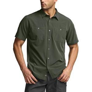 imageCQR Mens Short Sleeve Tactical Shirts UPF 50 Ripstop Military Work Shirts Breathable Button Down Outdoor Hiking ShirtSupervisor Olive Green