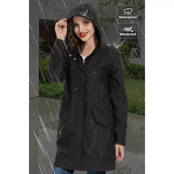 Fahsyee Raincoat Women Rain Jacket Waterproof Raincoat Hooded Windbreaker Outdoor Long ActiveBlacklw