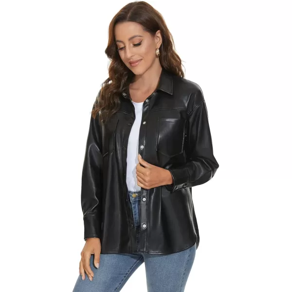 Fahsyee Women Faux Leather Shacket Moto Biker Shirts Loose Fit Blazer Long Sleeves Button Casual Jacket Plus Size SXXLBlack