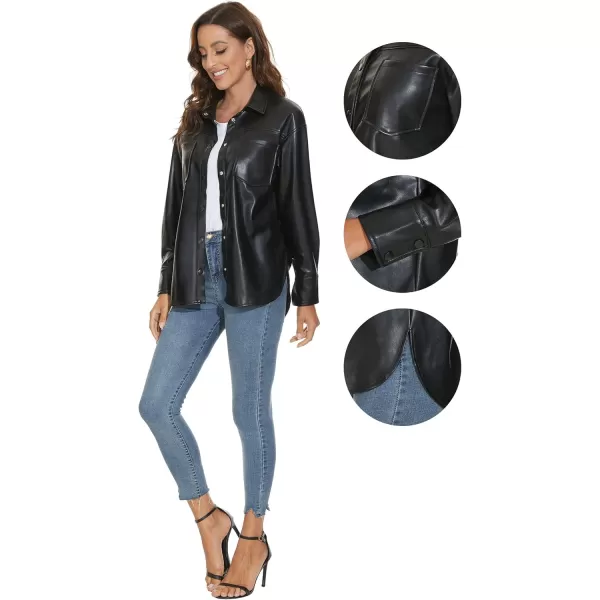 Fahsyee Women Faux Leather Shacket Moto Biker Shirts Loose Fit Blazer Long Sleeves Button Casual Jacket Plus Size SXXLBlack