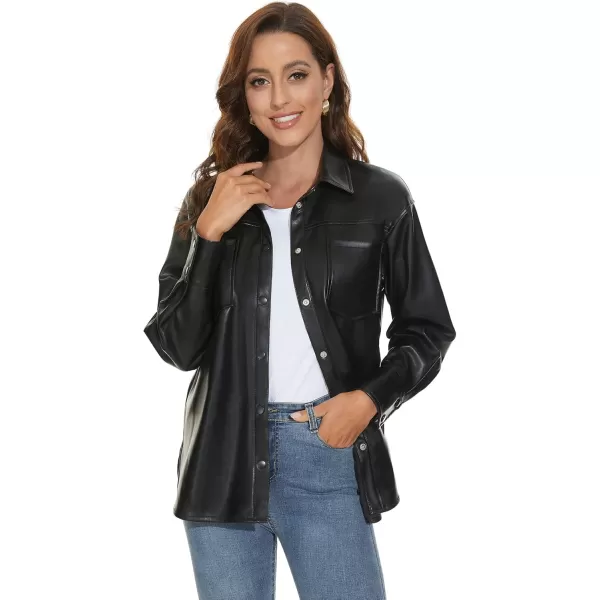 Fahsyee Women Faux Leather Shacket Moto Biker Shirts Loose Fit Blazer Long Sleeves Button Casual Jacket Plus Size SXXLBlack