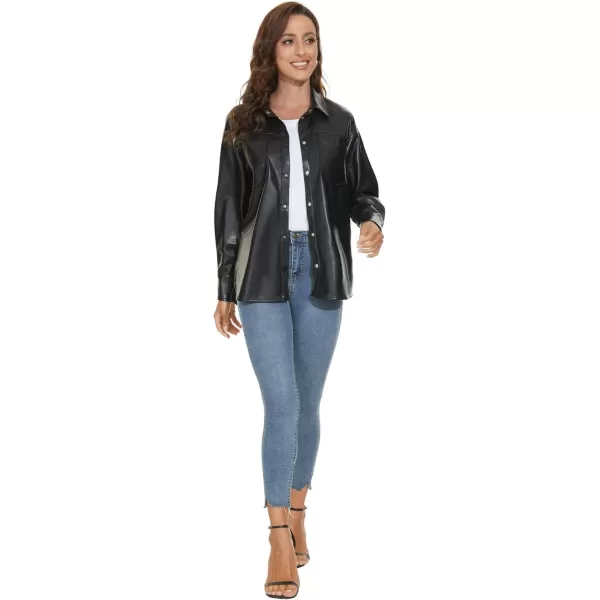 Fahsyee Women Faux Leather Shacket Moto Biker Shirts Loose Fit Blazer Long Sleeves Button Casual Jacket Plus Size SXXLBlack