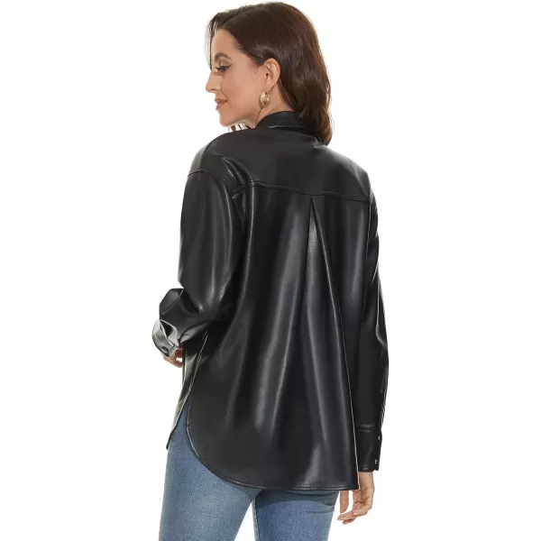 Fahsyee Women Faux Leather Shacket Moto Biker Shirts Loose Fit Blazer Long Sleeves Button Casual Jacket Plus Size SXXLBlack