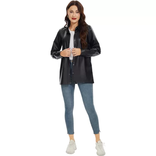Fahsyee Women Faux Leather Shacket Moto Biker Shirts Loose Fit Blazer Long Sleeves Button Casual Jacket Plus Size SXXLBlacknm