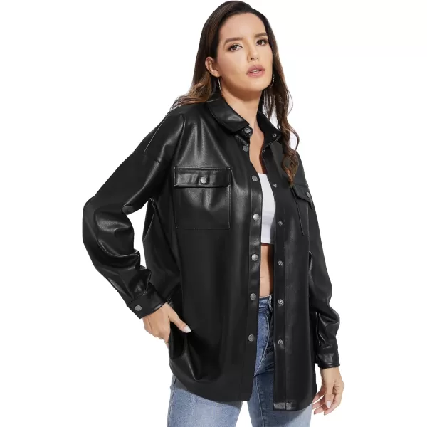 Fahsyee Women Faux Leather Shacket Moto Biker Shirts Loose Fit Blazer Long Sleeves Button Casual Jacket Plus Size SXXLBlacknmflanny