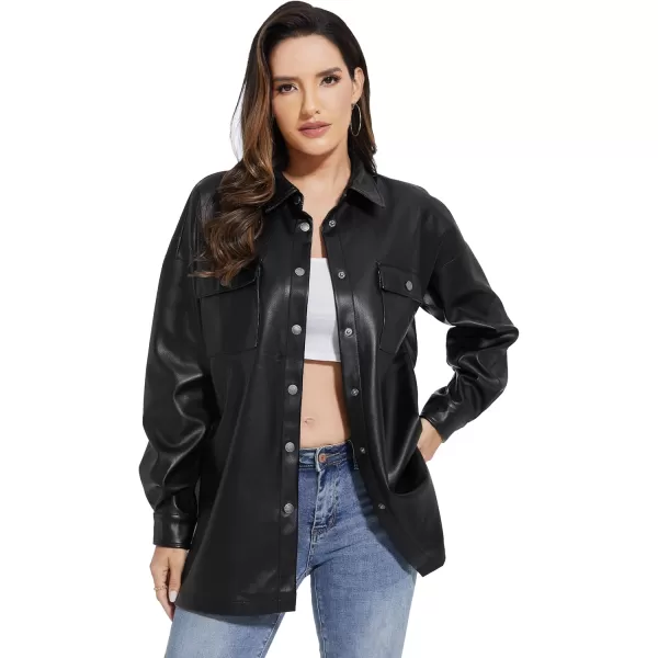 Fahsyee Women Faux Leather Shacket Moto Biker Shirts Loose Fit Blazer Long Sleeves Button Casual Jacket Plus Size SXXLBlacknmflanny