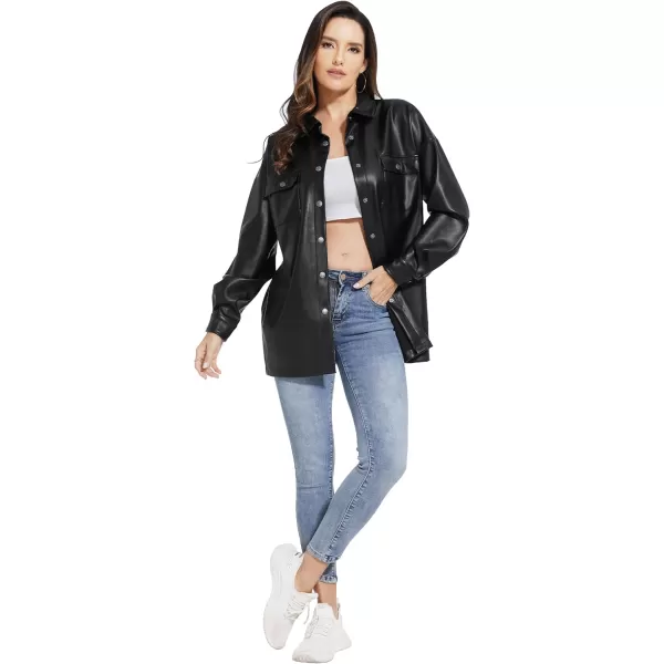 Fahsyee Women Faux Leather Shacket Moto Biker Shirts Loose Fit Blazer Long Sleeves Button Casual Jacket Plus Size SXXLBlacknmflanny