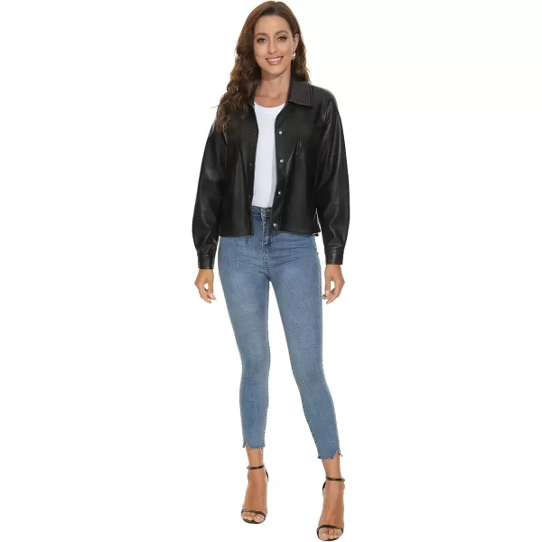 Fahsyee Women Faux Leather Shacket Moto Biker Shirts Loose Fit Blazer Long Sleeves Button Casual Jacket Plus Size SXXLJet Black