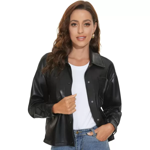 Fahsyee Women Faux Leather Shacket Moto Biker Shirts Loose Fit Blazer Long Sleeves Button Casual Jacket Plus Size SXXLJet Black