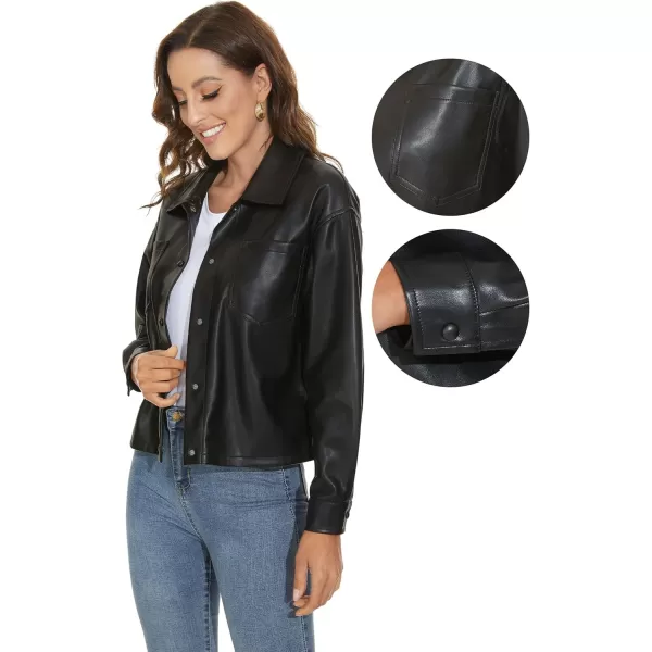 Fahsyee Women Faux Leather Shacket Moto Biker Shirts Loose Fit Blazer Long Sleeves Button Casual Jacket Plus Size SXXLJet Black