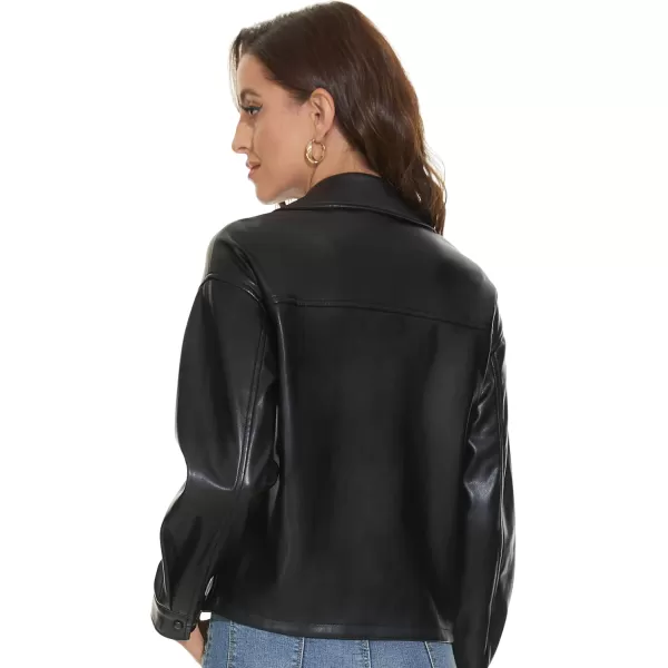 Fahsyee Women Faux Leather Shacket Moto Biker Shirts Loose Fit Blazer Long Sleeves Button Casual Jacket Plus Size SXXLJet Black