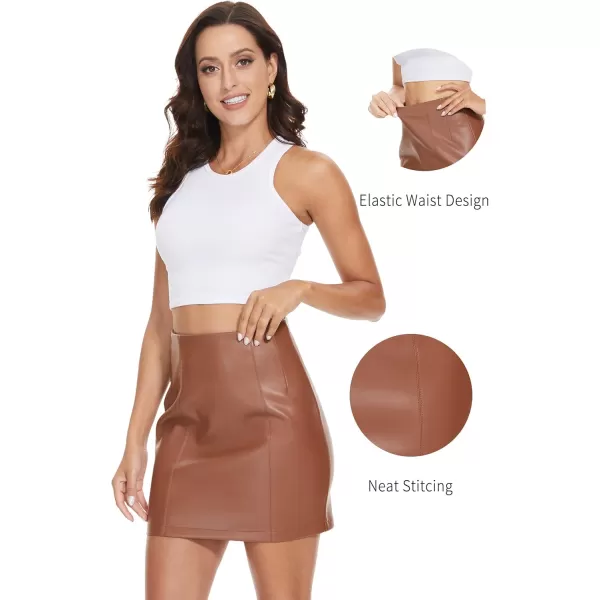 Fahsyee Womens Faux Leather Skirt Hip High Waisted Stretchy Zipper Mini ALine Pencil Short Plus Size SXXL01brown
