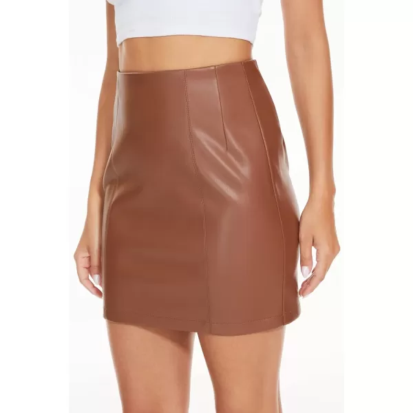 Fahsyee Womens Faux Leather Skirt Hip High Waisted Stretchy Zipper Mini ALine Pencil Short Plus Size SXXL01brown