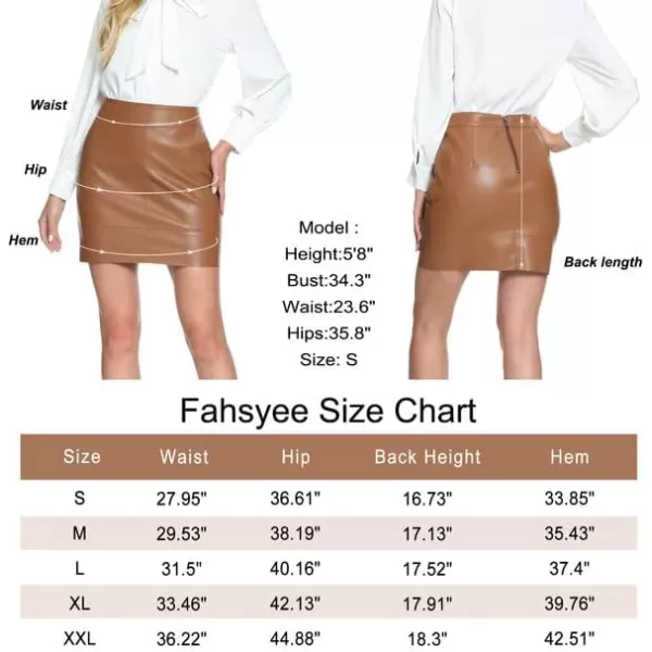 Fahsyee Womens Faux Leather Skirt Hip High Waisted Stretchy Zipper Mini ALine Pencil Short Plus Size SXXLBrown