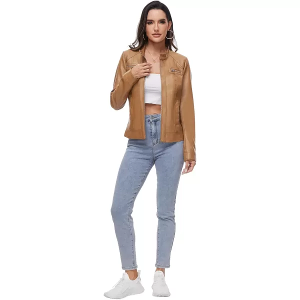 Fahsyee Zip Leather Jackets for Women Motorcycle Faux PU Moto Biker Outwear CoatCamel