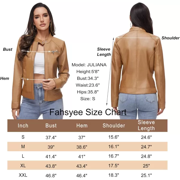 Fahsyee Zip Leather Jackets for Women Motorcycle Faux PU Moto Biker Outwear CoatCamel