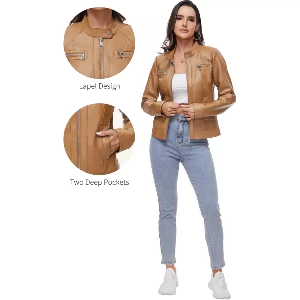 Fahsyee Zip Leather Jackets for Women Motorcycle Faux PU Moto Biker Outwear CoatCamel
