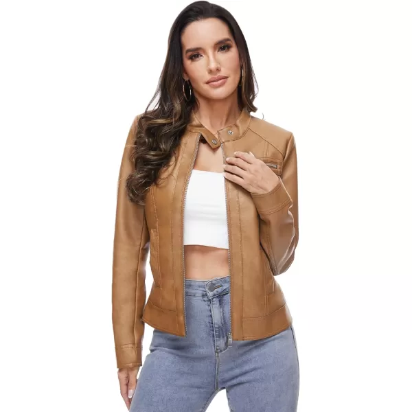 Fahsyee Zip Leather Jackets for Women Motorcycle Faux PU Moto Biker Outwear CoatCamel