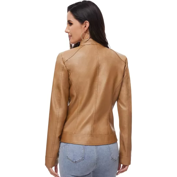Fahsyee Zip Leather Jackets for Women Motorcycle Faux PU Moto Biker Outwear CoatCamel