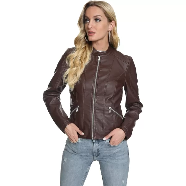 Fahsyee Zip Leather Jackets for Women Motorcycle Faux PU Moto Biker Outwear CoatCoffee