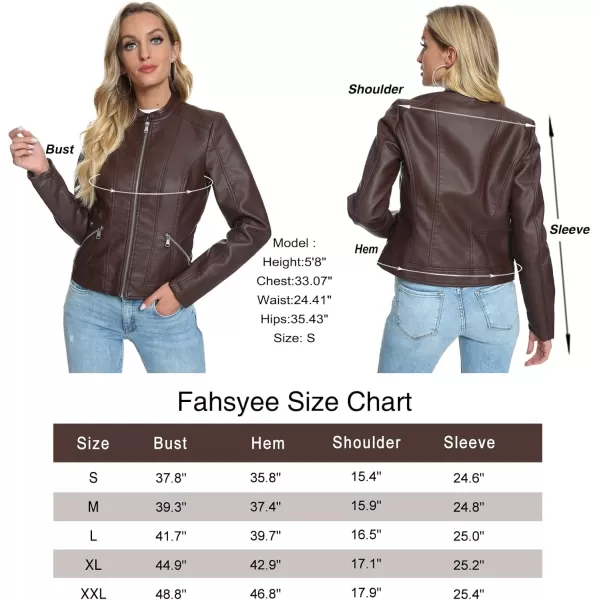 Fahsyee Zip Leather Jackets for Women Motorcycle Faux PU Moto Biker Outwear CoatCoffee