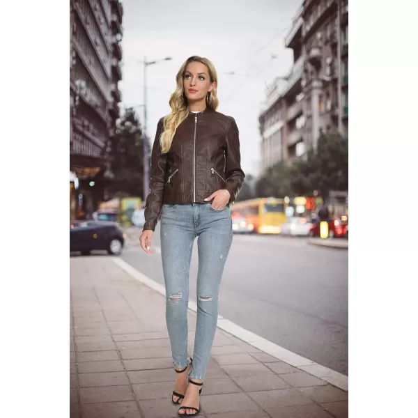 Fahsyee Zip Leather Jackets for Women Motorcycle Faux PU Moto Biker Outwear CoatCoffee