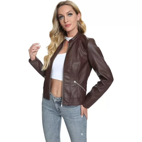 Fahsyee Zip Leather Jackets for Women Motorcycle Faux PU Moto Biker Outwear CoatCoffee