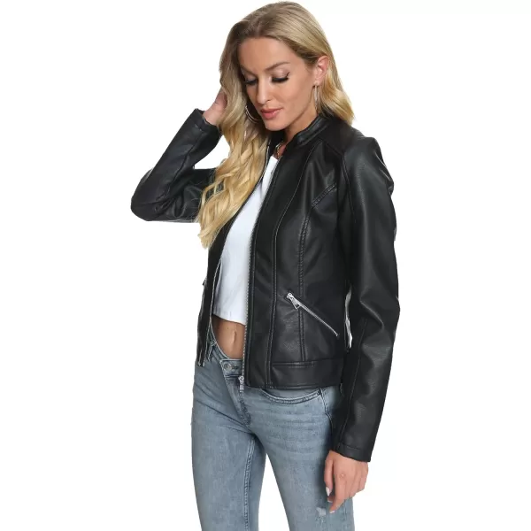 Fahsyee Zip Leather Jackets for Women Motorcycle Faux PU Moto Biker Outwear CoatDeep Black