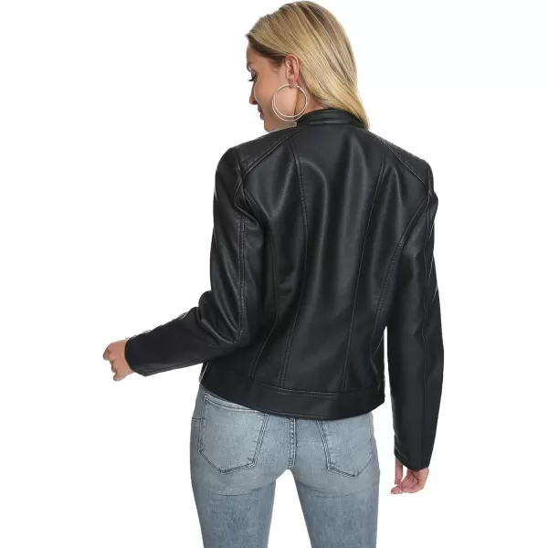Fahsyee Zip Leather Jackets for Women Motorcycle Faux PU Moto Biker Outwear CoatDeep Black