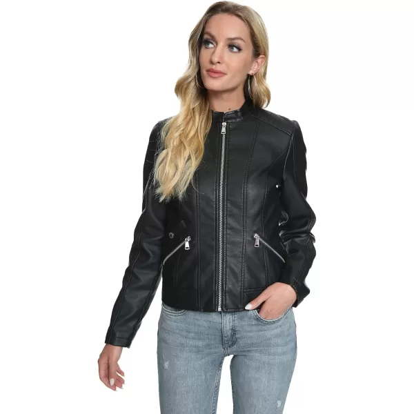 Fahsyee Zip Leather Jackets for Women Motorcycle Faux PU Moto Biker Outwear CoatDeep Black