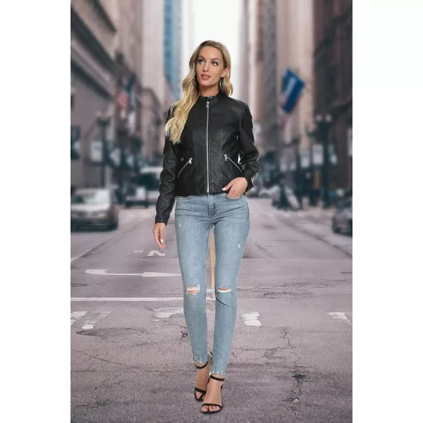 Fahsyee Zip Leather Jackets for Women Motorcycle Faux PU Moto Biker Outwear CoatDeep Black